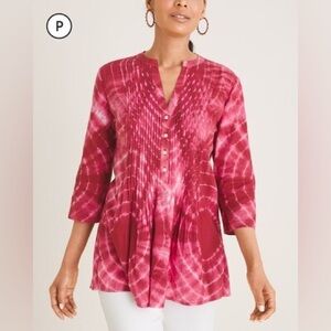 Chicos Women’s Tie-Dye Pintuck Peasant Blouse Size 3 16/18 Pink 3/4‎ Sleeves